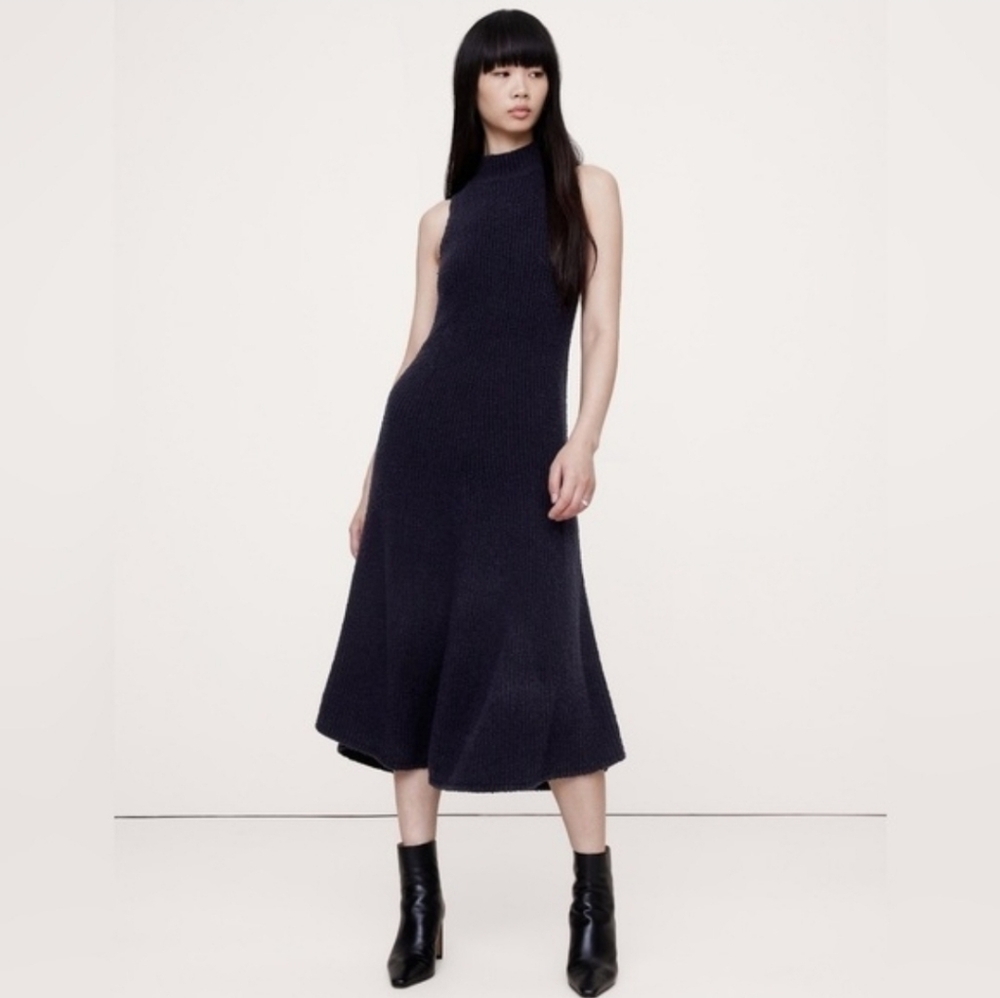 NWT Banana Republic Mock Neck Sleeveless Merino Wool Blend Sweater Dress, Blue